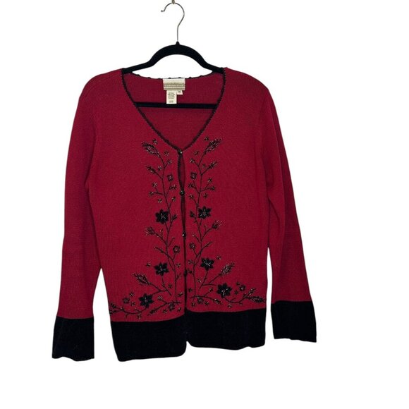 Coldwater Creek Red Cardigan Cotton Blend Embroidery Floral Sz M Womens Buttons - Picture 1 of 4
